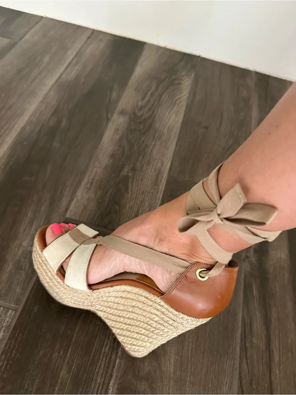 MICHAEL Michael Kors Beige and Brown Wedge Espadrille Sandals with Ankle Wrap